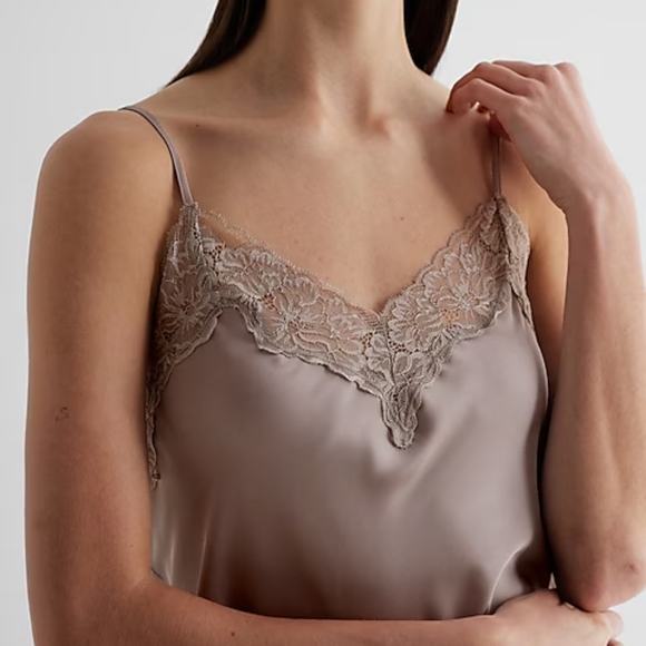 EXPRESS: Satin Lace Trim V-Neck Downtown Cami - Picture 3 of 5